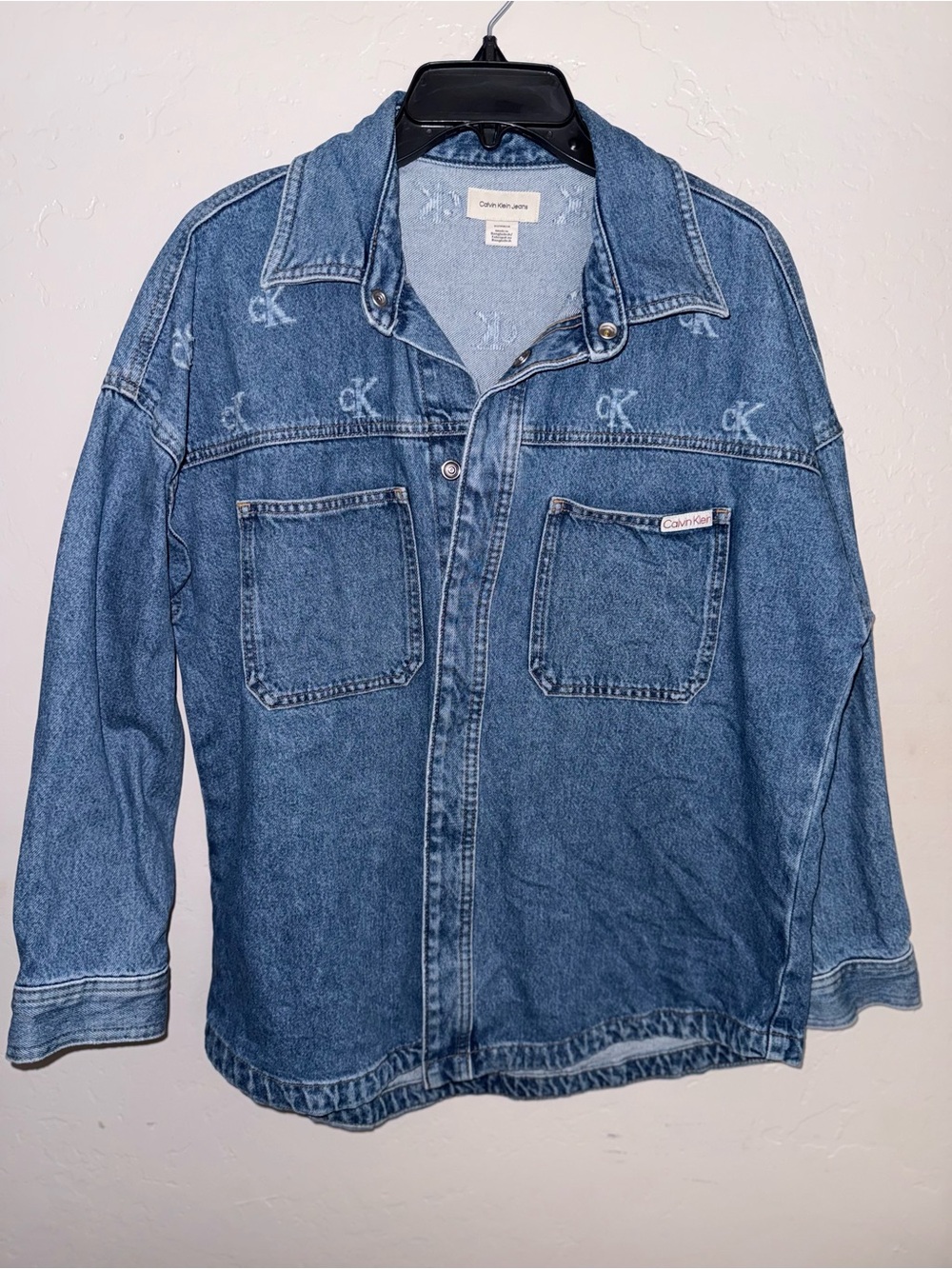 Calvin Klein Oversize Denim Shirt Jacket in Medium Blue with Subtle CK AOP Motif